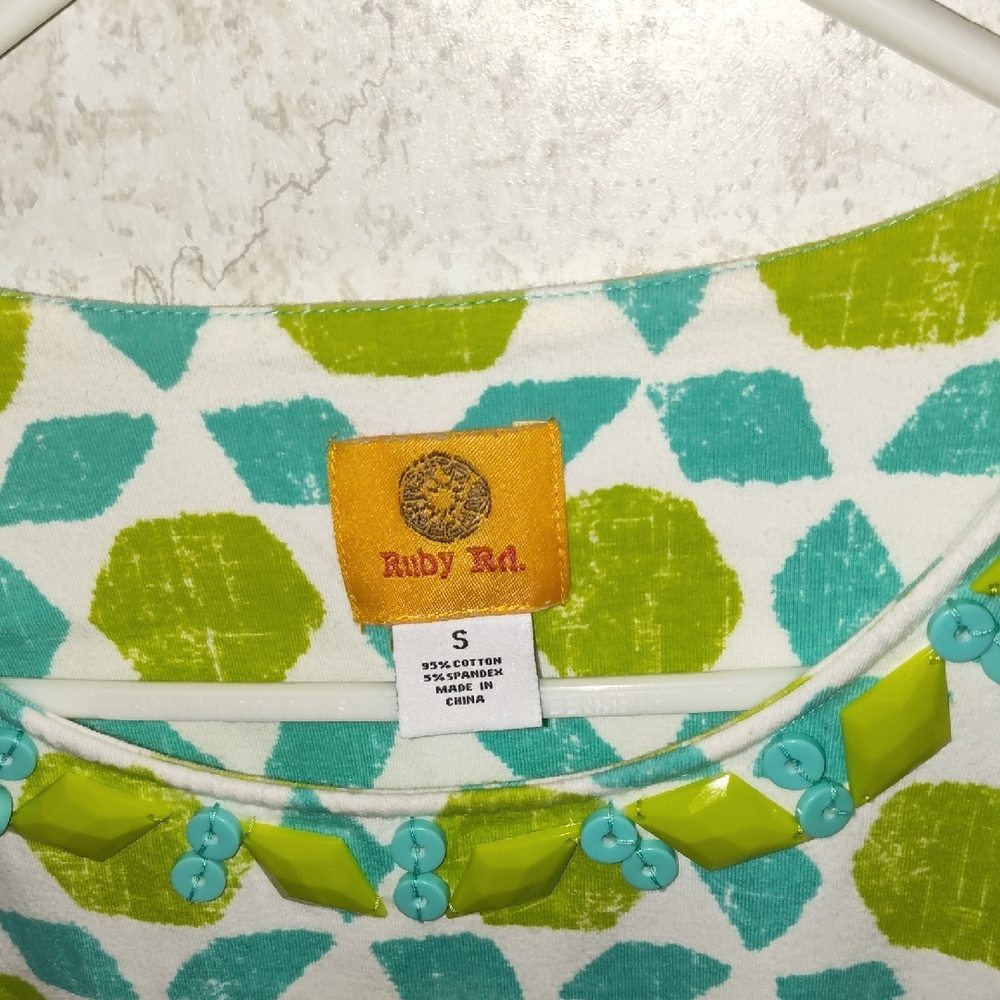 Ruby Rd. Long Sleeve Tee Green and Blue Geometric Pattern - Picture 7 of 7